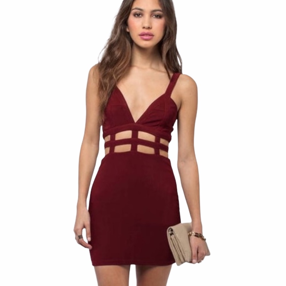 Tobi Caged Cutout Bodycon Knit Dress Burgundy S